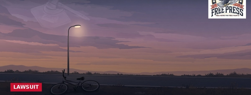 Fostoria News Child's bicycle under streetlamp at sunset, legal news headline.